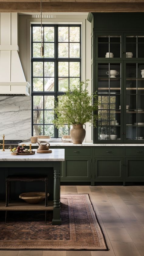 Dark Green And Marble Kitchen, Moody Kitchen White Countertops, Moody English Kitchen, Light Green Island Kitchen, Bright Moody Kitchen, Modern Victorian Decor Kitchen, Green Moody Kitchen, Black Windows Kitchen, Green And Marble Kitchen