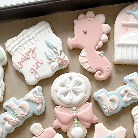 Under The Sea Baby Shower Cookies, Mermaid Baby Shower Cookies, Ocean Baby Showers, Sea Baby Shower, Mermaid Baby Showers, Baby Cookies, Baby Mermaid, Baby Shower Cookies, Pink Baby Shower