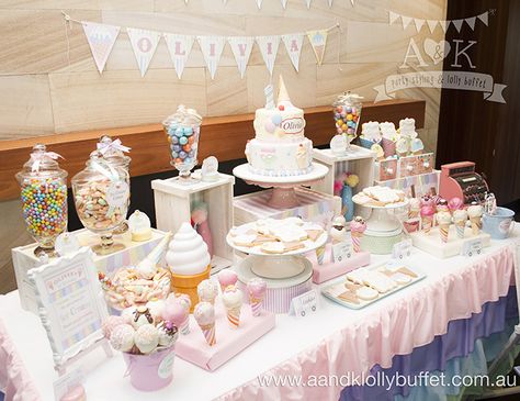 Ice Cream Theme Dessert Table, Sweet One Dessert Table, Pastel Dessert Table, Ice Cream 1st Birthday, Birthday Cake Cookies, Pastel Ice Cream, Pastel Desserts, Lolly Buffet, Dessert Table Birthday