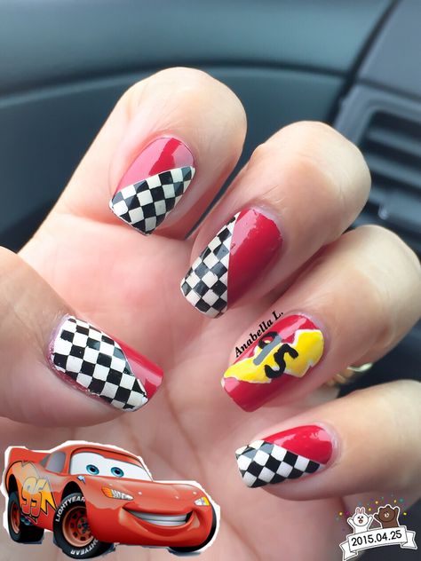 DRK-D Lightning McQueen nail mani Car Show Themed Nails, Disney Cars Nail Art, Disney Cars Theme Nails, Lightning Mcqueen Nails Art Ideas, Lightning Mcqueen Nails Acrylic, Pixar Cars Nails, Sport Nail Designs, Cars Nails Designs, Car Inspired Nails