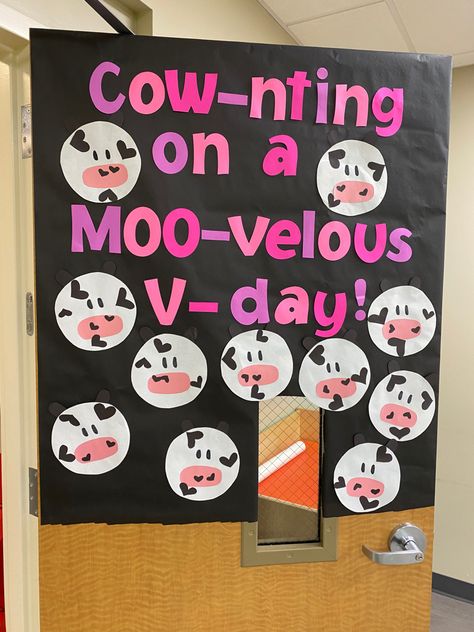 Valentine’s Day, door decorations, daycare, preschool, crafts, art, cows Valentines Class Door, February Classroom Door Ideas, February Classroom Door, Valentines Door Decorations Classroom, Valentines Classroom Door, Classroom Door Ideas, Valentines 2024, Valentines Classroom, Valentines Door