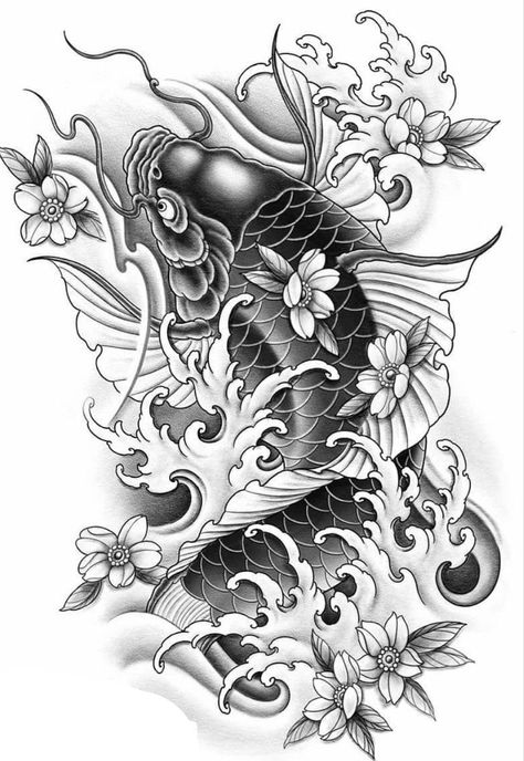 Koi Fish Tattoo Forearm, Pez Koi Tattoo, Japanese Leg Tattoo, Japanese Koi Fish Tattoo, Koi Tattoo Sleeve, Foo Dog Tattoo, Koi Tattoo Design, Koi Fish Drawing, Samurai Tattoo Design