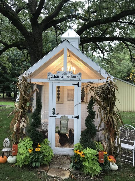 Chicken Coop With Chandelier, Chicken Coop Chandelier, Chicken Castle, Fall Chandelier, Midwest Garden, Fancy Farm, Chicken Coop Decor, Duck Coop, Chicken Home