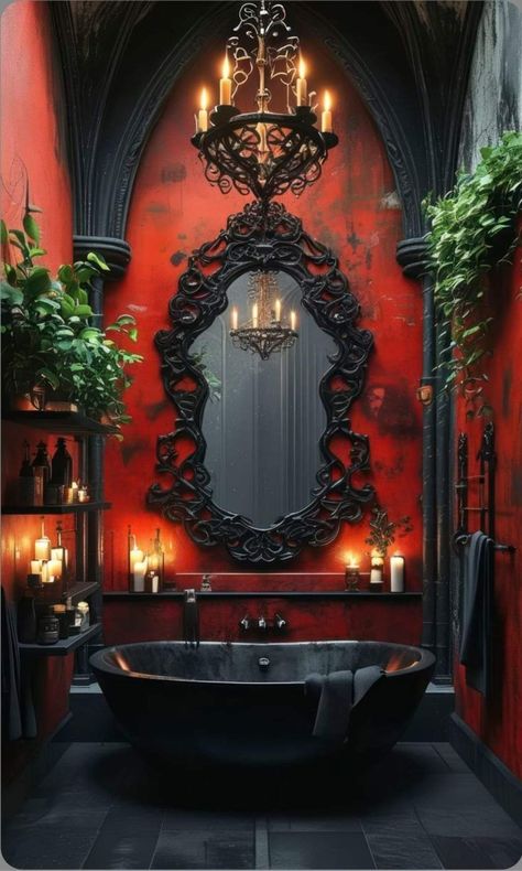 Gothic Bathroom Decor, Maximalist Bathroom, Aesthetic Castle, Red And Black Aesthetic, Gothic Bathroom, Gothic Bedroom, Fantasy Furniture, Bathroom Retreat, Bathroom Makeovers