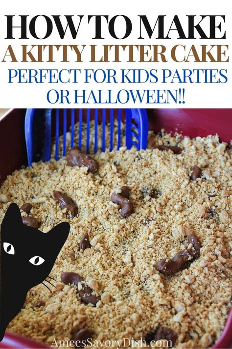 Cat Litter Box Cake Halloween Party, Litter Box Cake Halloween Parties, Halloween Litter Box Cake, Litter Box Dessert, Halloween Kitty Litter Dessert, Kitty Litter Cake Halloween, Cat Litter Cake Recipe, Cat Litter Dessert, Litter Box Cake Recipe