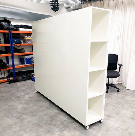 Mobile whiteboard wall with storage | Logovisual Ltd Diy Movable Wall, Diy Moveable Wall, Wall With Storage, Transformer Furniture, Wrapping Storage, Temporary Walls, Moveable Wall, Mobile Whiteboard, Screens Room Dividers