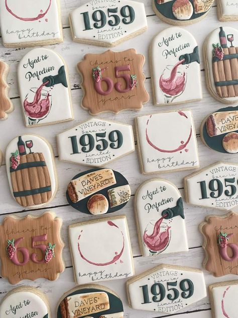 60th Birthday Royal Icing Cookies, Happy Birthday Cookies, 40th Birthday Wine, Wine Cookies, Happy Birthday Cookie, Happy Birthday Vintage, Sugar Cookie Designs, Jack Daniel, Cookie Ideas