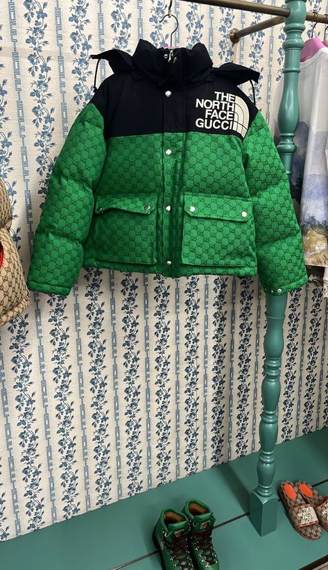 Gucci North Face Puffer, North Face X Gucci Puffer Jacket, North Face Gucci Hoodie, Blue Gucci Winter Outerwear, The North Face Gucci, North Face X Gucci, Green Puffer Jacket, Green Puffer, Dream Board