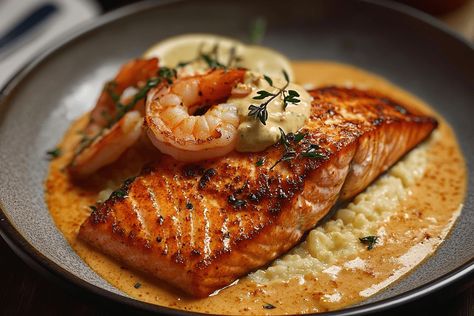 Red Salmon, Shrimp & Grits with Cajun Cream Sauce: A Rich and Flavorful Southern Recipe Featuring Blackened Salmon, Succulent Shrimp, and Creamy Grits. Red Snapper Shrimp And Grits, Salmon Grits Recipe, Shrimp And Grits Cream Sauce, Red Snapper With Creamy Creole Sauce, Salmon And Grits Recipes, Salmon And Grits, Fish And Grits, Cajun Cream Sauce, Shrimp N Grits Recipe