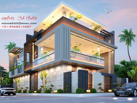 Exterior house design Corner Elevation Design Modern, Corner House Elevation Design, Corner House Elevation, Corner House Design, Elevation Ideas, Side Elevation, 3 Storey House Design, Modern Elevation, Bathroom Interior Design Modern