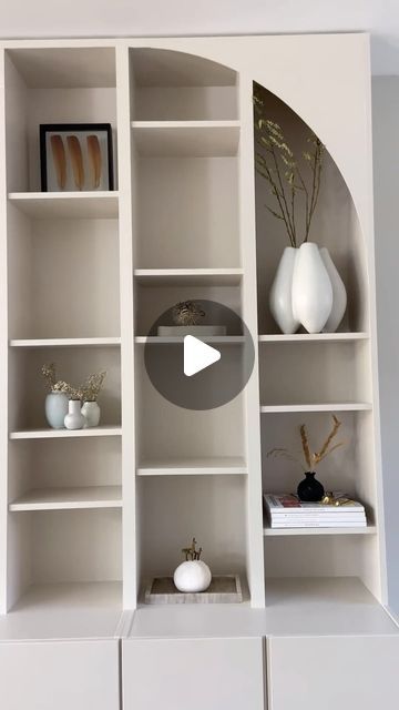 DIY - IKEA Hack on Instagram: "@studiostone__ shared her custom built-in look IKEA hack using 6 narrow, white BILLY bookcases and 3 IVAR cabinets. They cut the BILLY bookcases to fit perfectly to the ceiling. All holes were filled and seams caulked. After sanding, the fronts and arches at the top were created using MDF.

The BILLY bookcases received a multiprimer coat, while the IVAR cabinets got a regular wood primer. Then, the entire cabinet was painted the same color as the wall for a cohesive look, using two coats of paint.

For more ideas and inspiration, be sure to check out Silke’s page @studiostone__ 
.
.
.
#ikeahack #ikea #ikeahome #ikeaideas #ikealover #interiordesign #diy #HomeDecor #diyideas #diyproject #home #HomeDIY #interiordesign" Billy Hack Ikea, Ikea Hack Billy, Ikea Wall Shelves, Billy Hack, Ikea Billy Hack, Billy Ikea, Ikea Built In, Billy Bookcases, Wood Primer