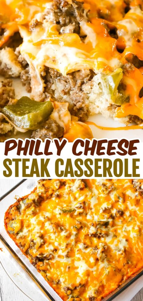 Philly Cheese Steak Casserole is an easy ground beef casserole recipe with a Bisquick base and loaded with green peppers, onions, mozzarella and cheddar cheese. Philly Cheese Hamburger Casserole, Philly Cheese Steak Casserole With Bisquick, Casseroles With Bisquick, Mc Griddle Casserole, Philly Cheese Steak Casserole With Ground Beef, Ground Beef And Green Peppers Recipes, Philly Cheesteak Casserole, Baked Philly Cheese Steak Casserole, Hamburger And Bisquick Recipes