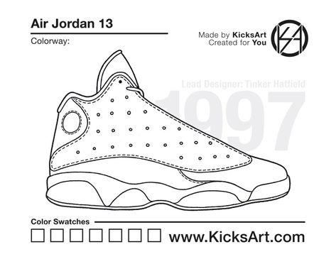 Air Jordan 13 - KicksArt Sneaker Drawings, Basketball Coloring Pages, Shoe References, Shoe Drawings, Nike Logos, Boondocks Drawings, Retro Jordans, Sneakers Illustration, Sneakers Drawing