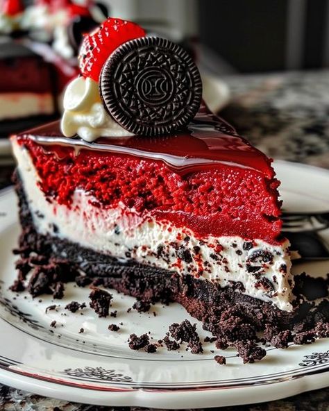 Avani Recipes | Red Velvet Oreo Cheesecake - The perfect blend of creamy cheesecake and rich red velvet | Facebook Red Velvet Oreo Cheesecake, Red Velvet Oreo, Velvet Cheesecake, Cheesecake Mousse, Red Velvet Cheesecake, Chocolate Cake Decoration, Oreo Cheesecake, Creamy Cheesecake, Food Goals