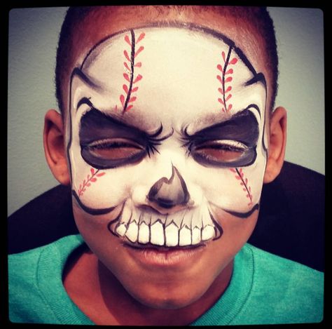 Boys Halloween Facepaint, Baseball Face Paint, Easy Halloween Face Painting, Basketball Designs, Baseball Designs, Face Painting Tips, Skull Face Paint, Balloon Painting, Face Painting Easy