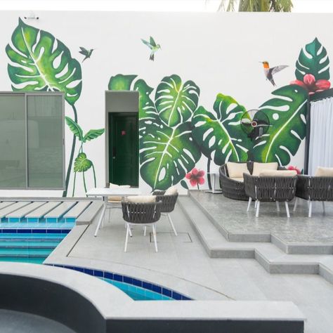 pool side nature wall mural hand painted by our team. Pool Murals Painted Walls, Poolside Mural, Pool Wall Mural, Pool Mural, Mural Hand Painted, House Mural, Pool Wall, Wall Murals Diy, Pool Stuff