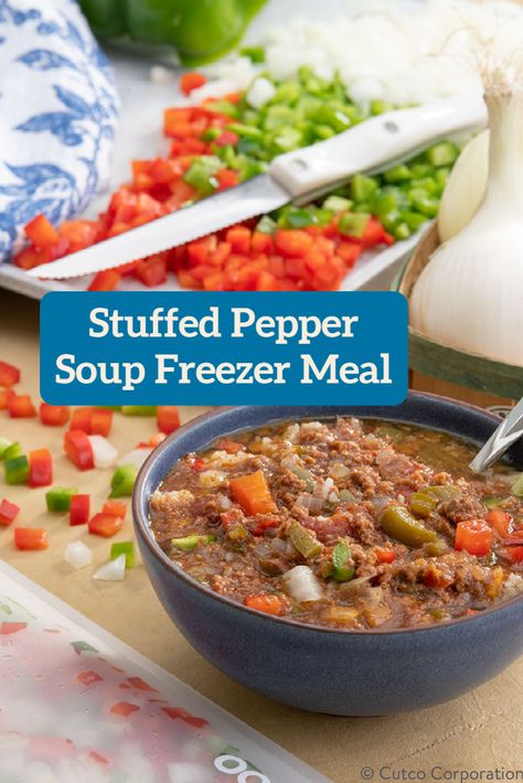 Stuffed Pepper Soup Freezer Meal, Freezer Stuffed Peppers, Green Pepper Soup, Baked Stuffed Peppers, Freezing Soup, Bell Pepper Soup, Orzo Recipes, Freezer Meal Prep, Stuffed Pepper