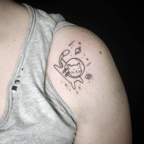 Cat Space Tattoo, Tattoos Doodles, Kitty Tattoos, Tattoo 2023, Kitty Tattoo, Cat Tattoos, Kawaii Tattoo, Doodle Tattoo, Cat Tattoo Designs