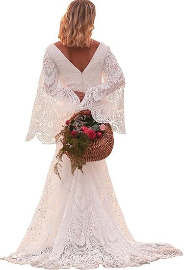 Lace Boho Wedding Dresses for Brides Long Bell Sleeves Wedding Gowns V-Neck Mermaid Beach Bridal Gowns at Amazon Women’s Clothing store Boho Wedding Dresses, Beach Bridal Gown, Wedding Gowns With Sleeves, Long Bell Sleeves, Bohemian Bridal, Boho Wedding Dress Lace, Mermaid Beach, Beach Bridal, Wedding Dress Sleeves