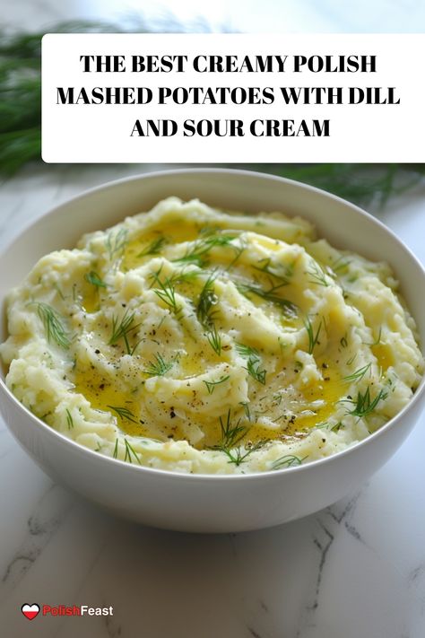 Polish Mashed Potatoes with Dill and Sour Cream are a creamy, flavorful side dish that adds a delightful twist to traditional mashed potatoes. This recipe incorporates the rich flavors of butter, sour cream, and fresh dill, making it a perfect accompaniment to any main course. Polish Side Dishes, Dill Mashed Potatoes, Potatoes With Dill, Cream Mashed Potatoes, Sour Cream Mashed Potatoes, Dill Potato, Sour Cream Potatoes, Classic Mashed Potatoes, Dill Potatoes