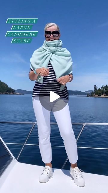 Stylealiveafter55 by Renate G. M. McSherry on Instagram: "This makes me look forward to boating season💚. 
Right now it’s still cold enough to wear the scarf with a coat but hopefully soon the weather will turn💚. 
•
Happy Saturday💚!!
•
Scarf @emaalcashmere 
Top @saintjamesusa 
Pants @lovechicos 
Shoes @eileenfisherny 
•
#boating #cashmere #scarf #scarftrick #classicstyle #nautical #boatingstyle #cashmerewrap #womenover60 #trending #cruising #westmarine #retirement #saturdayvibes #ootd" Cashmere Wrap, Cashmere Scarf, Happy Saturday, Boating, Then And Now, Nautical, Classic Style, Right Now, Cashmere