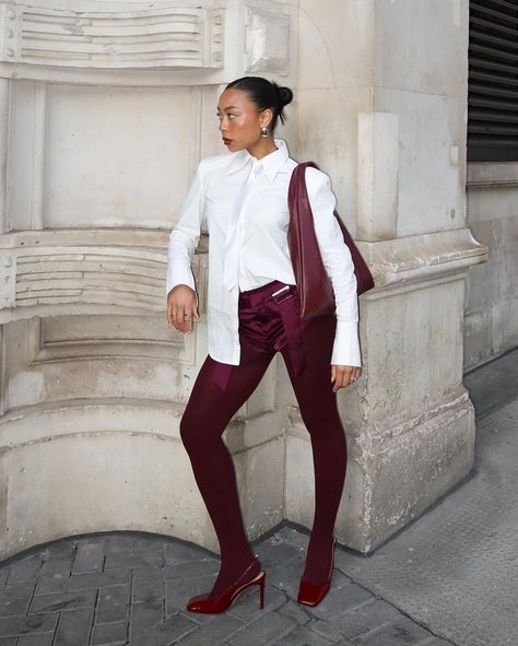 The Suki Bag in Burgundy spotted on @havanattan at London Fashion Week 🇬🇧❤️ Burgundy Tights Outfit, Burgundy Tights, Burgundy Outfit, Christmas Dinner Party, White Tights, Bag Outfit, Party Dinner, Tights Outfit, White Outfits