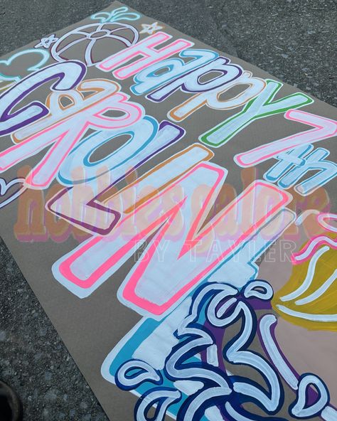 Glow pool party for a cute little 7yo!! Happy birthday Caroline! #paintedbanner #glowparty #tweenparty #letsglow Rave Birthday Party, Happy Birthday Caroline, Glow Pool Party, Rave Birthday, Neon Birthday, Simple Acrylic, Parking Space, Glow Party, Simple Acrylic Paintings