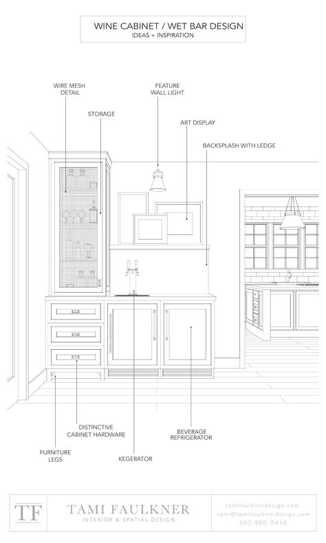 Tami Faulkner Design, Wine Cabinet Design, Tami Faulkner, Interior Design Presentation Boards, Wet Bar Designs, Custom Floor Plans, Kitchen Drawing, Build Inspiration, Built In Cabinet