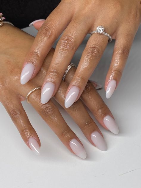 Gel Nails Feminine, Natural Almond Nails Milky White, Clear White Almond Nails, Acrylic Nails For Women Over 40, Almond Milky Pink Nails, Pointed Oval Nails, Gel X Nail Shapes, Almond Nails Wedding Guest, Milky White Short Almond Nails