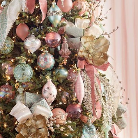 Christmas Decor | Christmas Decorating Ideas | Buyer Select Farmhouse Christmas Ornaments, Gold Christmas Ornaments, Pastel Christmas, Pink Christmas Decorations, Christmas Tree Inspiration, Ribbon On Christmas Tree, Beautiful Christmas Trees, Gold Christmas Tree, Christmas Tree Themes