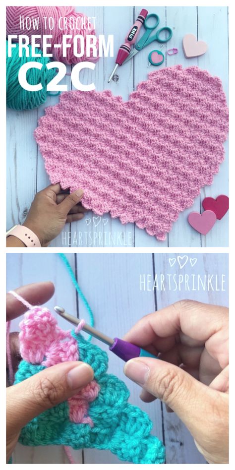 Free Form C2C Heart Free Crochet Pattern Crochet Heart Motif Free Pattern, Crochet Puff Stitch Heart Pattern, C2c Crochet Heart Pattern Free, C2c Heart Blanket Pattern, Large Crochet Heart, C2c Heart, Heart Blanket Crochet Pattern, Crochet Shapes, Crochet Heart Blanket