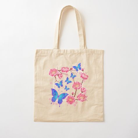 Get my art printed on awesome products. Support me at Redbubble #RBandME: https://www.redbubble.com/i/tote-bag/Floral-Cherry-Blossom-Flower-and-Butterflies-Design-by-HelenaMorpho/56130754.P1QBH?asc=u Ocean Tote Bag, Diy Tote Bag Design, Painted Canvas Bags, Painted Butterflies, Handpainted Tote Bags, Butterflies Design, Painted Tote, Summer Tote Bags, 2024 Design