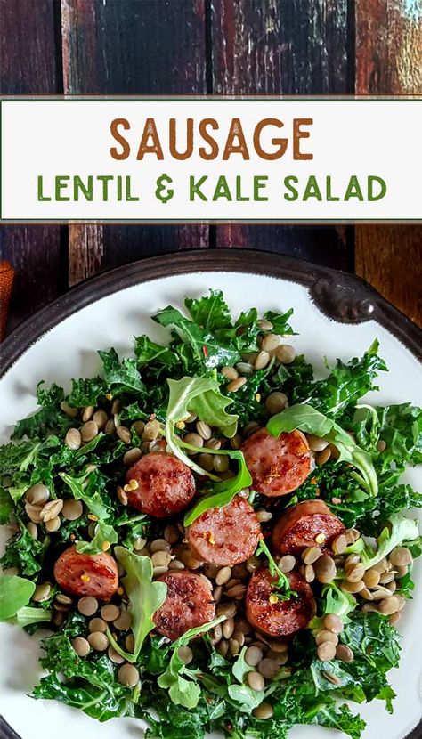 Salad recipes | Kale salad with sausage and lentils. A fun new spin for an Octoberfest recipe, or any other time of the year. This is also hearty enough to have as a salad for dinner.   Fast enough for a quick weeknight dinner, ready in 20 minutes. Health Salad Recipes, Salad With Mustard Dressing, Lentil Kale, Sausage Lentil, Recipes Kale, Filling Salad Recipes, Salad For Dinner, Sausage Kale, Dressing Salad