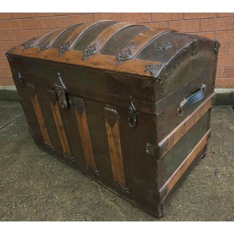 A 19th Century refurbished and ReUpholstered dome top Metal and wood bound blanket chest in American Colonial style on metal wheels. Measures 33" in width, 18.5" in depth and 26" in height. Key not present. Vintage Masculine Decor, Old Chest Makeover, Antique Trunk Decor, Steampunk Garage, Vintage Items Antiques, Refinished Dresser Diy, Cedar Chest Redo, Trunk Restoration, Steam Trunk