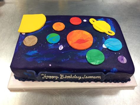 Solar System Sheet Cake - Adrienne & Co. Bakery Solar System Cake, Planet Birthday, Planet Party, Planet Cake, Galaxy Cake, Birthday Cake Pictures, Astronaut Birthday, Space Theme Party, Happy 6th Birthday