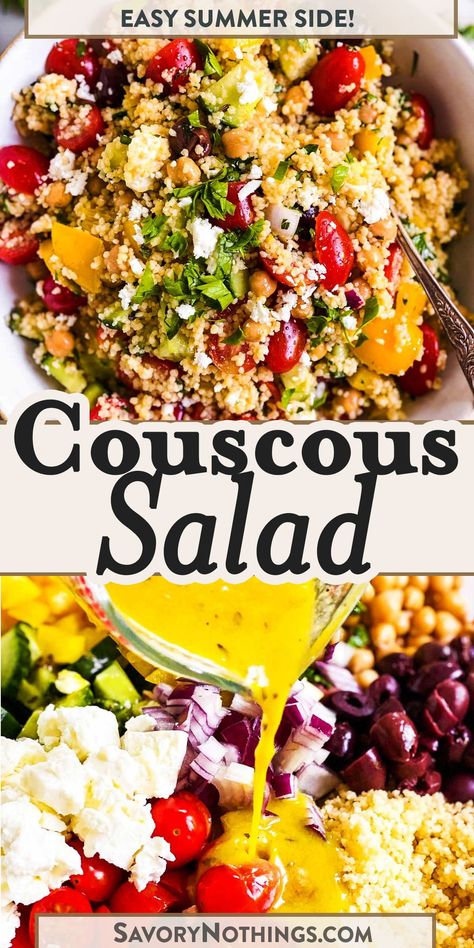 This Mediterranean Couscous Salad is easy to make and so refreshing for summer. It’s filled with vegetables, Feta cheese, olives and a delicious vinaigrette dressing – great as a side dish for outdoor grilling! | #saladrecipe #couscousrecipes #mediterraneandiet Greek Salad With Couscous, Mediterranean Cous Cous Salad Recipes, Roasted Vegetable Couscous Salad, Cous Cous Recipes Salad, Cous Cous Salad Dressing Recipes, Spicy Couscous Recipes, Coucous Salad Recipes Feta, Couscous Recipes Mediterranean, Cous Cous Salad Recipes