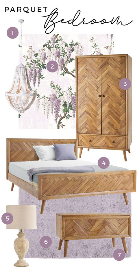 If you're looking for a bit of traditional romance, you can’t go wrong with Parquet’s classic design details, bringing to mind stately manor houses and Parisian glamour. The king-size bed and double wardrobe ground the playful lilac tones in our final example, providing gravitas to an otherwise soft and subtle space. Combine with our Barcelona lamp and create additional storage with our matching blanket box. #OakFurnitureland #romanticbedroom #romanticlilacbedroom #lilacbedroom #Parisianbedroom Boho Lilac Bedroom, Lilac And Wood Bedroom, Parisian Glamour, Lilac Bedroom, Parisian Bedroom, Oak Furnitureland, Double Wardrobe, Real Homes, Manor Houses