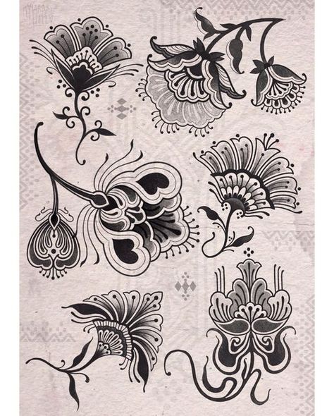 Simple Large Tattoos, Botanical Ornamental Tattoo, Ornamental Tattoo Chest, Traditional Flower Drawing, Orientalism Art Tattoo, Traditional Flower Tattoo Design, Floral Ornamental Tattoo, Ornamental Hand Tattoo, Leaf Tattoo Design