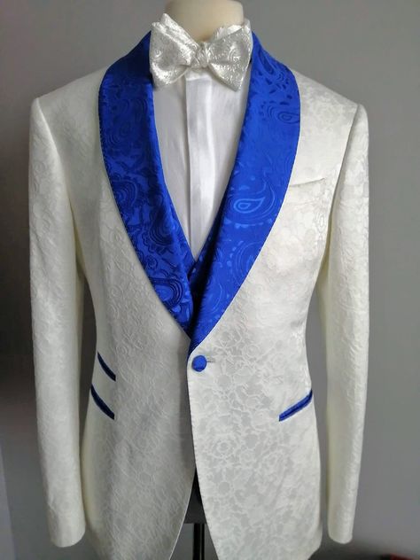 White And Royal Blue Tuxedo Prom, Royal Blue Tuxedo Wedding, Royal Blue Chambelanes Outfits, Blue Brocade Suit, Silver Prom Suits, Prom Tuxedo Ideas, Royal Blue Tux, Royal Blue Tuxedo, White Prom Suit