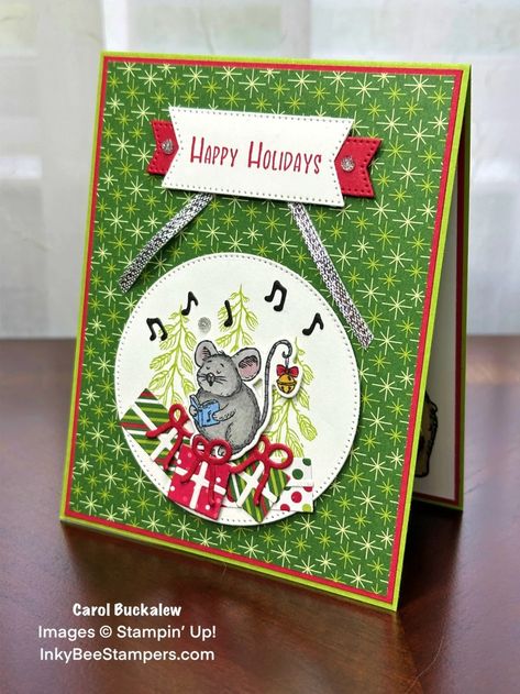 Stampin’ Up! Christmas Friends Holiday Card Featuring an Adorable Singing Mouse! – Inky Bee Stampers Friends Holiday, Mini Cat, Christmas Friends, Green Star, Homemade Christmas Cards, Stampin Up Christmas Cards, 2024 Christmas, Stampin Up Christmas, Card Kits