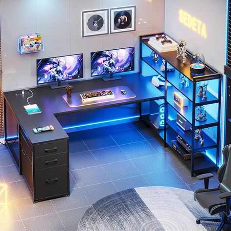 Couples Office Space Home, U Shaped Office, U Shaped Office Desk, U Shaped Gaming Desk, Small Room Desk, Corner Gaming Desk, L Shaped Desk With Storage, L Shaped Gaming Desk, Desk With Led Lights