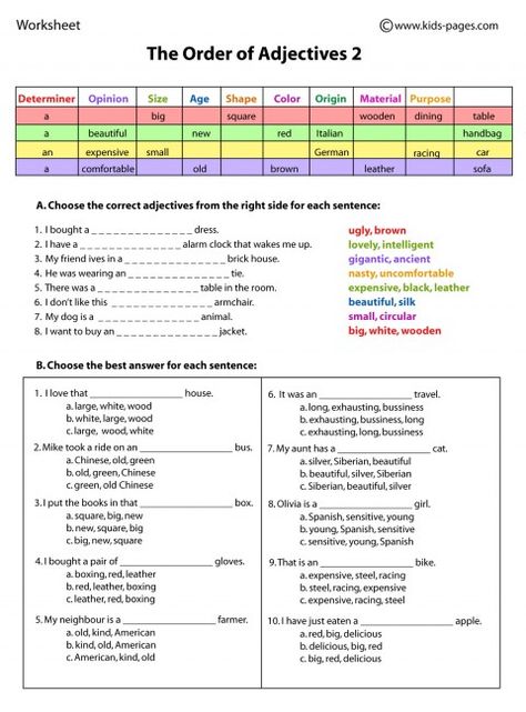 The Order of Adjectives 2 worksheets Shoes Worksheet, Order Of Adjectives Worksheet, Adjectives Exercises, Adjectives Worksheet, Order Of Adjectives, Adjectives Activities, English Notes, English Adjectives, Adjective Worksheet