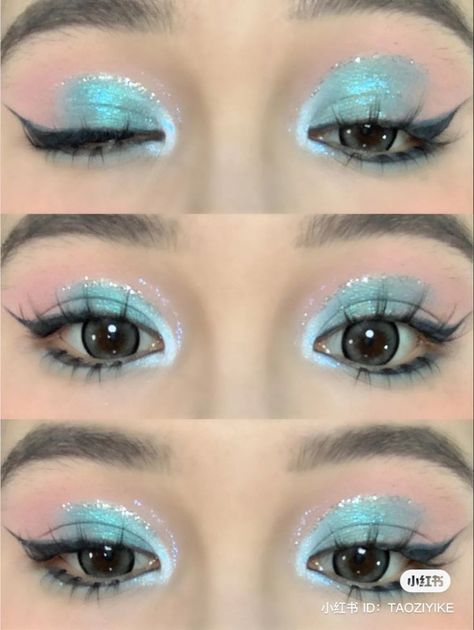 Turquoise Makeup Aesthetic, Mermaid Makeup Looks Eyeshadows, Teal Douyin Makeup, Teal Makeup Ideas, Blue Doyun Makeup, Sea Inspired Makeup, Cinnamoroll Makeup Look, Little Mermaid Makeup Looks, Ocean Themed Makeup