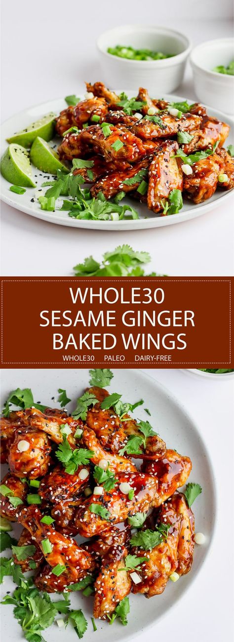 Baked Ginger Sesame Wings Healthy Wings Recipe, Wings Recipe Baked, Wooden Skillet, Paleo Appetizers, Whole30 Dinner Recipes, Baked Wings, Paleo Chicken Recipes, Whole30 Dinners, Sesame Ginger