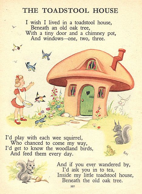 Toadstool House, Nursery Rhymes Poems, Old Nursery Rhymes, Childrens Poems, Childrens Poetry, 동화 삽화, Poetry For Kids, Old Oak Tree, Kids Poems