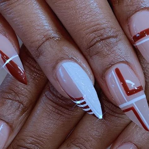 Thien Quach on Instagram: "🤍❤️ - • Apres Gelx - By Katie - × Using @apresnailofficial Shape: Stiletto Medium - × [Disclaimer: We do not claim that all of our designs are 100% ours. Please tag original artist in comment if applied 🖤] . [ www.nailnestatl.com ] . . . #rednails #whitenails #stilettonails #geometricnails #naildesign #nailitmag #nailjunkie #nailaddict #nails #nails💅 #atlnailart #nailsofinstagram #instanails #apresatl #apresgelx #apresnails #acrylicnails #abstractart #nails4today #n Classy Abstract Nails, Delta Sigma Theta Nails, Applying Acrylic Nails, Red Abstract Nails, Stilleto Nails Designs, Nails Now, Long Square Acrylic Nails, Square Acrylic Nails, Stiletto Nails