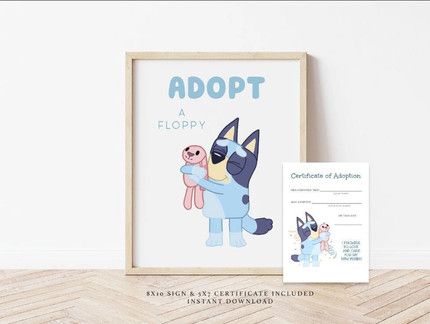 Adopt A Floppy, Dog Birthday Theme, Bluey Birthday Party Ideas, Certificate Of Adoption, Bluey Birthday Party, Bingo Party, Dog Themed Parties, Bluey And Bingo, Bluey Birthday