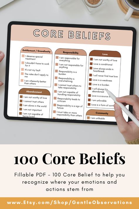 Common Core Beliefs Worksheets for Therapists Cognitive Behavioral Therapy CBT Tool Maladaptive Beliefs and Automatic Thoughts Cheat Sheets Changing Core Beliefs, Positive Core Beliefs, Core Beliefs Identifying, Negative Core Beliefs Worksheet, Core Beliefs Worksheet, Core Beliefs Cbt Worksheet, Free Handwriting Worksheets, Fall Worksheets, Printable Graph Paper