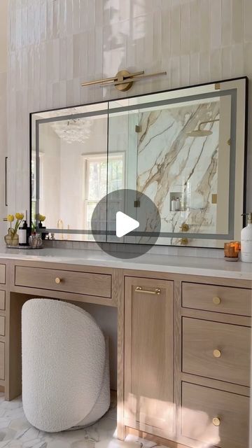 Bernice on Instagram: "one of the best decisions we made in this remodel was expanding the makeup vanity area - we made this vanity 76” long and 18” deep with drawers, accessories pullouts and hidden outlets, making this whole area so much more functional .   The LED mirror was such a good Home Depot find (!!) and has adjustable color temperatures, dimmable light and anti-fog feature SO good🤌   comment SEND for links to shop this space!   _______________________ #bathroomdesign #primarybathroom #beforeafterhome #bathroomtransformation remodel renovation reno ideas inspiration 90s bath before and after" Master Bath Vanity With Makeup Area Bedroom Vanities, Vanity Below Window, Bathroom Vanity With Drop Down Makeup Area, Vanity Area In Bedroom Master Suite, Dropdown Bathroom Built In Makeup Vanity, Make Up Vanity In Bathroom, Vanity With Electrical Outlet, Replace Tub With Makeup Vanity, Built In Makeup Vanity In Bathroom