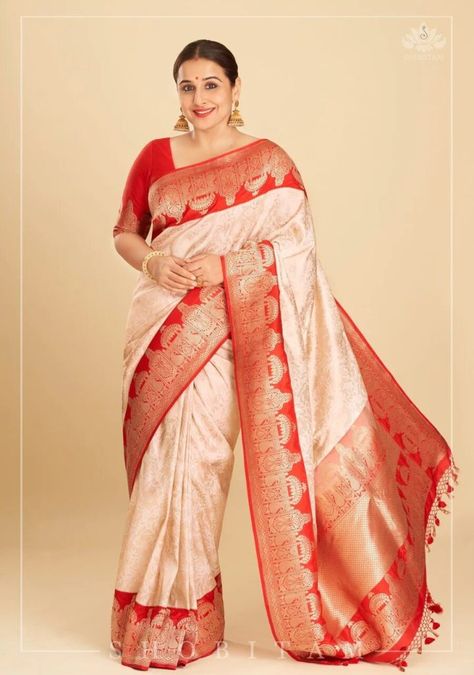 South Indian Wedding Worthy Sarees Worn by Vidya Balan Haldi Outfits For Bride, Haldi Outfits, Katan Silk Saree, Vidya Balan, White Saree, Red Saree, Katan Silk, Tussar Silk Saree, South Indian Wedding